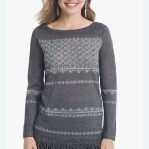 White House Black Market Gray Fringe Sweater Rhinestone & Metallic Accents NWOT - Picture 2 of 11